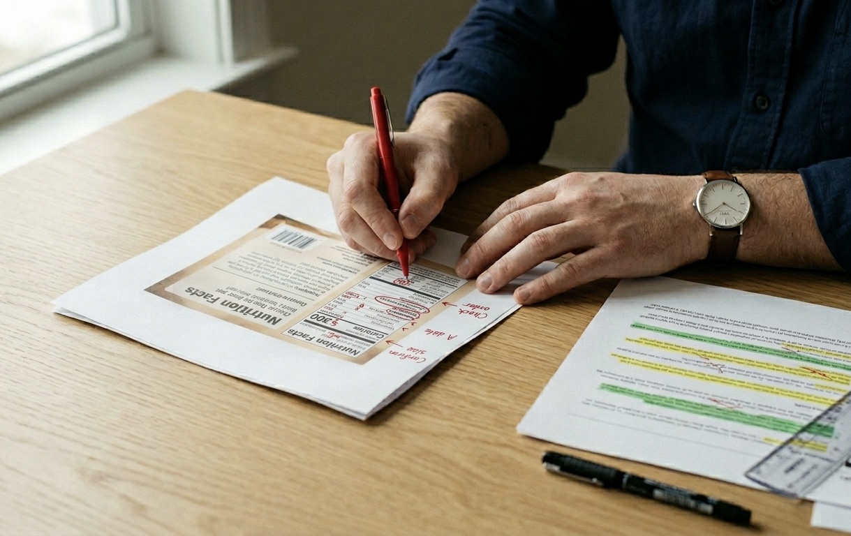 A regulatory lead annotating a Nutrition Facts panel with a red pen: a label compliance review in progress